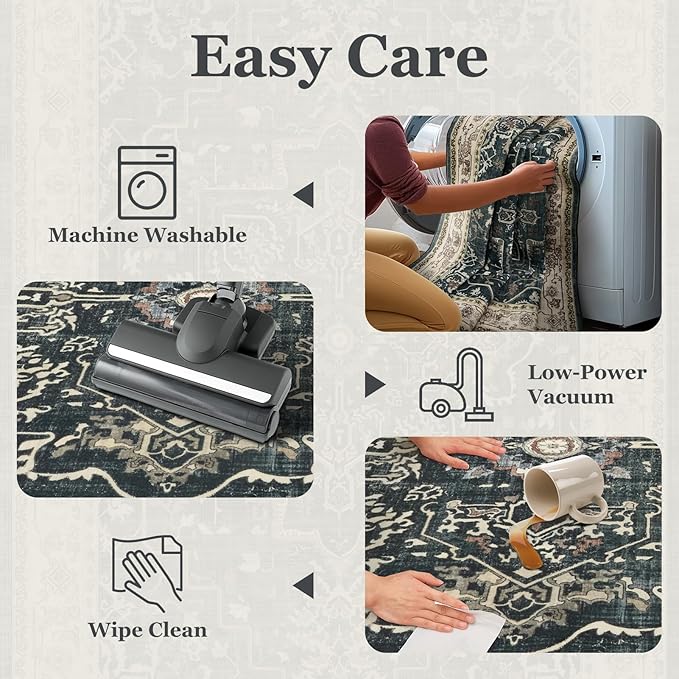 Dark Large 10x14 Area Rugs, Washable Non Slip Big Rug for Living Room Bedroom, Distressed Medallion Vintage Big Carpet Rugs for Dinig Room Family Rooms, Low Pile Thin, Midnight/Multi