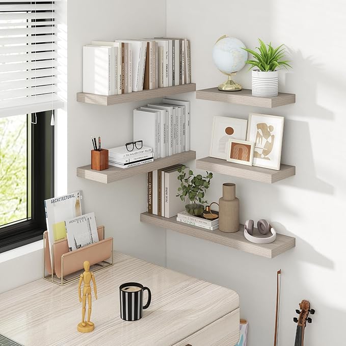 30 Inch Floating Shelves, 8 Inch Deep Floating Shelves for Wall, Hanging Shelf with Invisible Brackets, Deep Shelves for Bathroom, Bedroom, Living Room, Grey, Set of 2