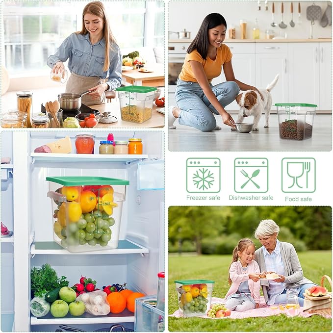Lallisa 4 Pcs 8qt & 4qt Clear Food Storage Containers with Lids Handles and Scales, Stackable Plastic Square Food Storage Containers for Dough Proofing Baking Kitchen Restaurant(Green)