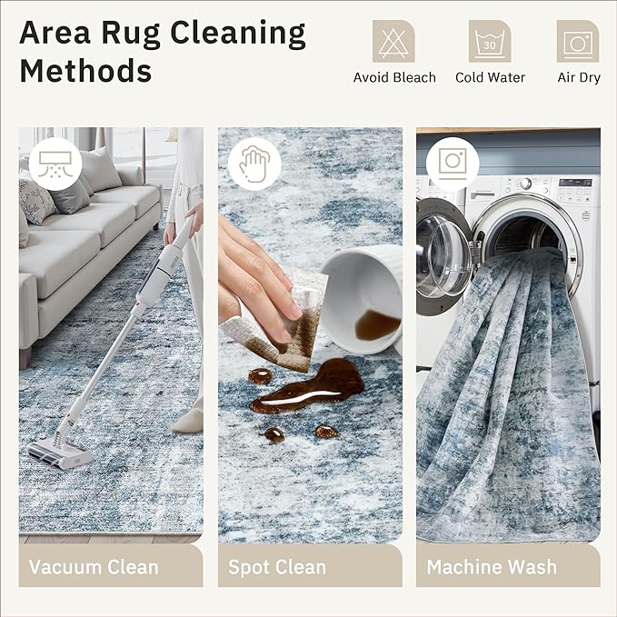 Area Rug 10x12 Vintage Washable Living Room Large Carpet Non Slip Bedroom Indoor Office Dining Room Low Pile Thin Rug Blue/Grey