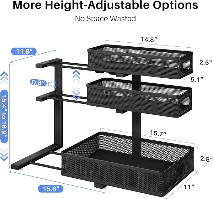 HERJOY Under Sink Organizer, 1-Pack 3-Tier Height Adjustable Thickened Metal Pull out Cabinet Organizer Shelf, Slide out Storage Drawer Rack for Bathroom Kitchen Pantry Home Laundry Organization