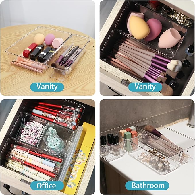 6 Pack Clear Drawer Organizer Set,Desk Drawer Storage Tray,Vanity Organizer Storage Bins Containers