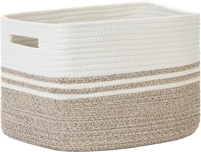 Temary Woven Storage Baskets, Set of 3 Rope Baskets for Storage Clothes, Towels, Versatile Boho Storage Bins (White&Brown, 13"x9.8"x8.5")