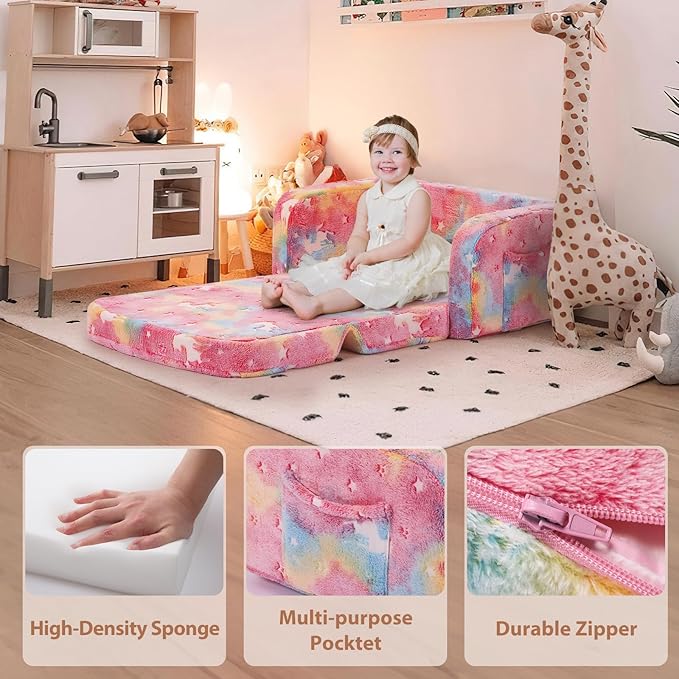 Extra Wide Kids Couch, Kids Sofa, Toddler Sofa, Glow in The Dark, 2-in-1 Soft Toddler Couch with Blanket and Pillow, Pink