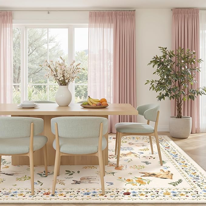 Dog 8x10 Area Rugs for Living Room, Machine Washable Animal Floral Vintage Rug Non-Slip Low Pile Soft Throw Large Rugs for Bedroom Dining Room Kitchen Nursery Playroom (8 x 10,Beige)