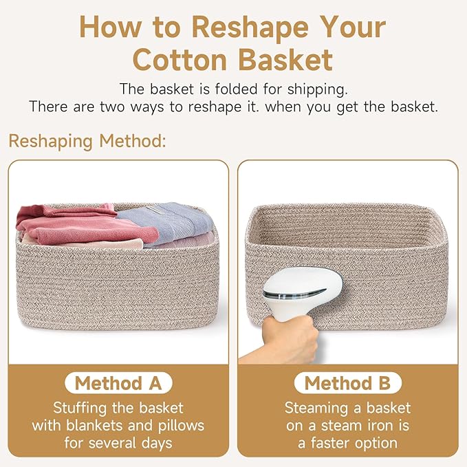 3-Pack Small Storage Baskets for Organizing | Woven Shelf Toy Basket | Rope Baskets for Gifts Empty | Closet Organizer Bins with Handles | Cube Decorative Box | 11.8×7.8×5.1” | Light Blue
