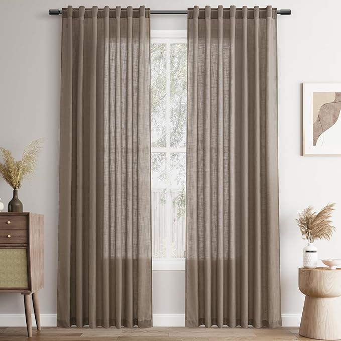 Joywell Dark Camel Back Tab Rod Pocket Linen Curtains 96 Inches Long 2 Panels for Living Room Bedroom Neutral Boho Farmhouse Rustic Light Filtering Semi Sheer Curtains Window Treatment 52x96