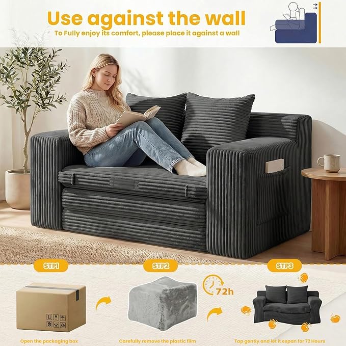 Boneless Loveseat Sleeper Sofa Bed: 3-in-1 Convertible Sofa Bed with Side Pockets & Handle,Pull Out Couch with 2 Pillows,Folding Futon for Small Space,Living Room & Bedroom,Corduroy Fabric,No Assembly