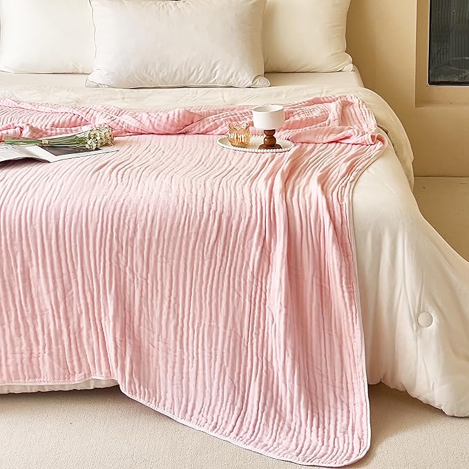 SANACYNA 100% Cotton Muslin Blanket King 6-Layer Gauze Pink Bed Blanket Lightweight Soft and Breathable Blanket for Sofa Couch Coverlet Farmhouse Decor Both Sides (Pink, King 90" X 104")