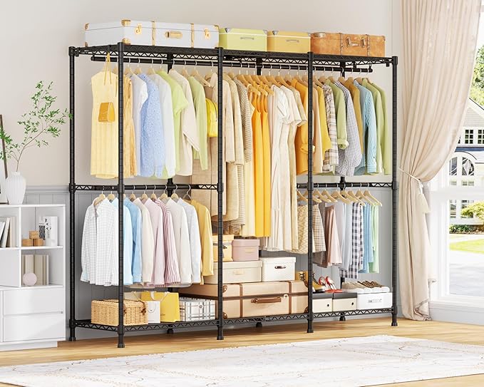 E14 Pro Heavy Duty Clothes Rack,Freestanding Clothing Racks for Hanging Clothes,Adjustable Closet Organizers and Storage,Metal Garment Rack with Shelves 69"W x16"D x77"H,Max Load 960LBS,Black