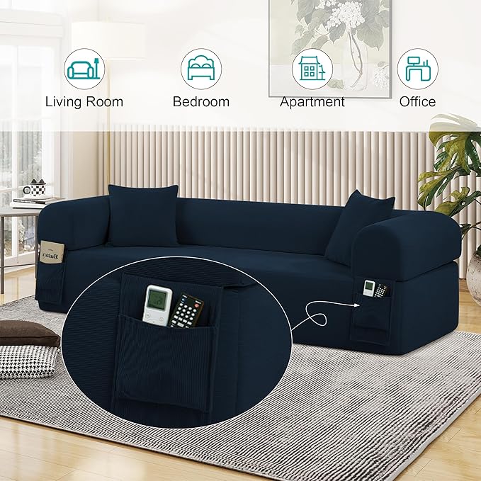 83'' Boneless Sofa in A Box, 3-Seater Floor Sofa No Assembly Corduroy Couch for Living Room, Cloud Couch with 2 Pillows & Storage Bag, Memory Foam Small Floor Couches for Office, Navy Blue