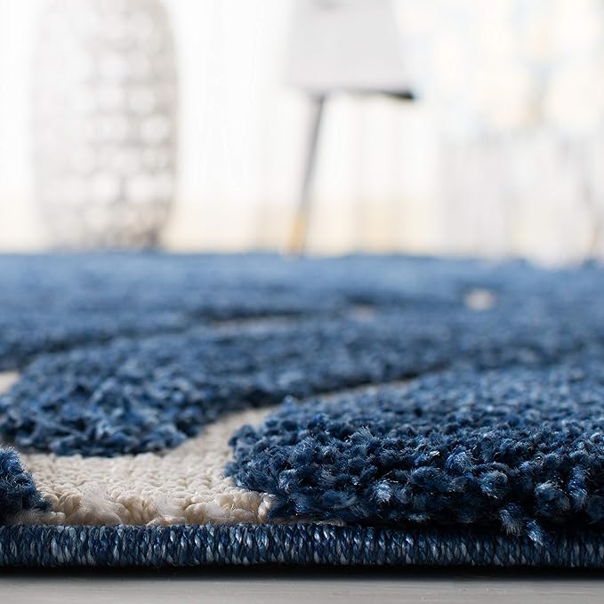 SAFAVIEH Florida Shag Collection Area Rug - 6'7" Round, Dark Blue & Cream, Scroll Design, Non-Shedding & Easy to Clean, High-Low Plush Pile, Ideal for Living Room, Bedroom, Dining Space (SG455-6511)
