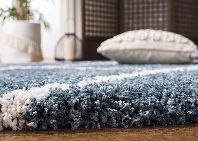 SAFAVIEH Hudson Shag Collection 7' Round Slate Blue/Ivory SGH281L Modern Diamond Trellis Non-Shedding Living Room Bedroom Dining Room Entryway Plush 2-inch Thick Area Rug