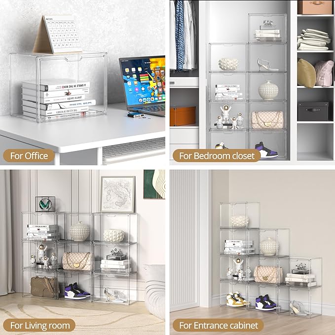 Clear Plastic Storage Bins - Acrylic Display Case with Magnetic Door, Purse Organizer for Closet: Stackable Display Box for Collectibles, Book, Cosmetic, Figures Showcase(3 Pack)