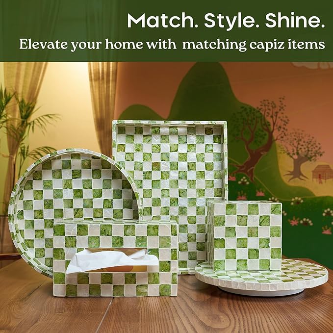 12" Checkered Lazy Susan for Tabletop, Handcrafted Mother of Pearl Turntable Organizer for Kitchen Counter, Coffee Table, Bathroom, Dining or Organizing (Pistachio Green)
