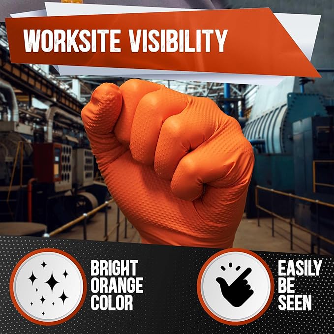 8 Mil Orange Nitrile Gloves Mechanic Grade, Oil & Chemical Resistant, Heavy-Duty Disposable for Auto Repair
