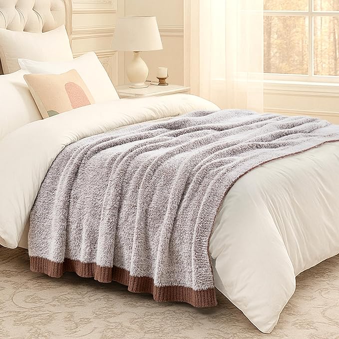 Amélie Home Knit Throw Blanket for Couch, Super Soft Fuzzy Cozy Throw, Giftable Knitted Blanket for Women Men, Birthday, Sofa Bed Living Room Decor, 50" x 60", Heather Brown