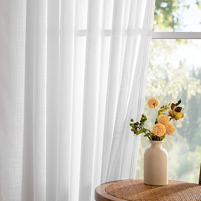 MYSKY HOME 108 Inches Long White Sheer Window Drapes 2 Panel Sets for Sliding Door Back Tab Draperies Linen Look Floor to Ceiling Curtains Soft Cotton Blend Light Filtering for Living Room