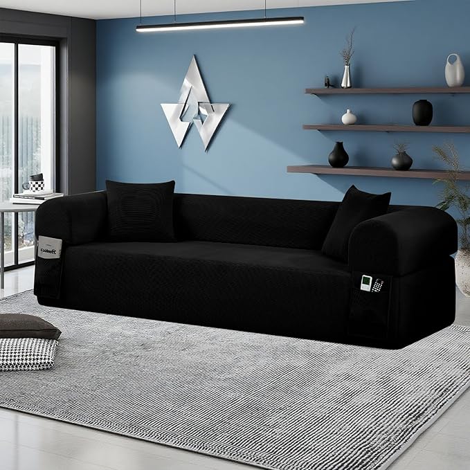83'' Boneless Couch 3-Seater Floor Sofa No Assembly Needed Corduroy Small Couch for Living Room, Cloud Sofa with 2 Pillows & Storage Bag Couches in A Box for Office, Black