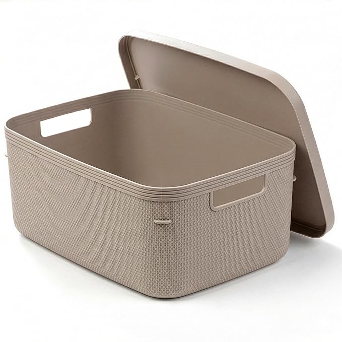 BINO | Plastic Storage Bins with Lids, 13 Liter - 3 Pack, Taupe | THE TWILL COLLECTION | Plastic Bins for Organization | Woven Storage Baskets for Organizing | Pantry Shelf Organizer Basket Bin