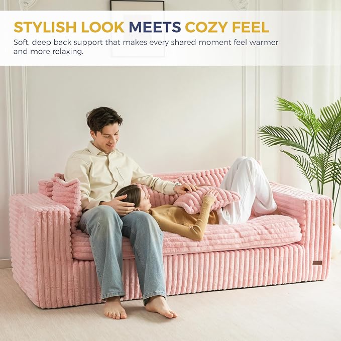 MAXYOYO 76" Bean Bag Sofa Couch, Loveseat Boneless Couch in a Box, Upholstered Small Mini Sofa with Deep Seating for Living Room Bedroom Office Apartment, No Assembly, Pink