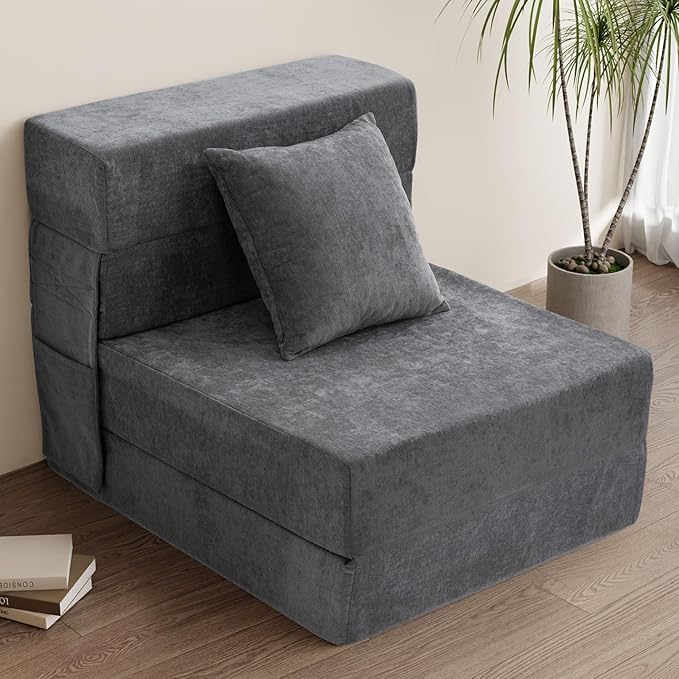 HOMFINE Folding Sofa Bed - Convertible Sleeper Chair with Pillow, Fold Out Couch, Memory Foam Floor Mattress, Futon Couch, Lazy Sofa for Living Room/Dorm/Guest Room/Home Office, Single, Grey