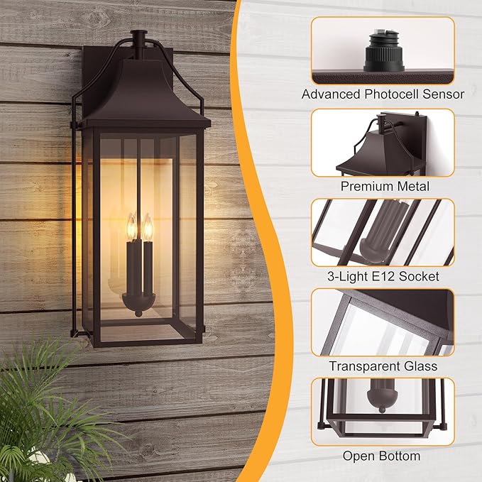 ๐๐-๐๐๐๐ Dusk to Dawn Outdoor Wall Light, Large Size Waterproof Patio Lanterns, 3-Light Oil Rubbed Bronze Exterior Wall Mount Outside Sconce with Glass for House