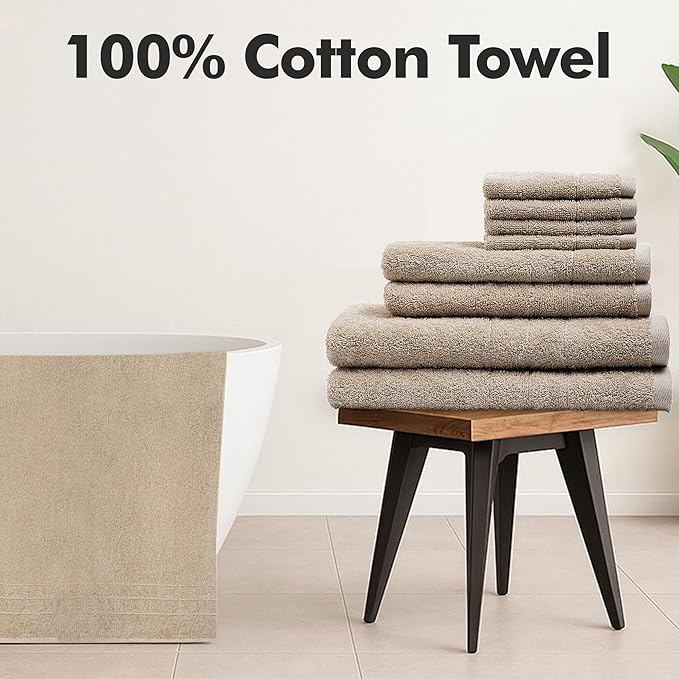 Bath Towels Set of 8 – 100% Cotton (Beige) Bathroom Towel Set Bale Includes 2 Bath, 2 Hand, 4 Face Towels – Soft, Absorbent & Quick Dry Towel for Bathroom, Spa, Kitchen, Hotel Use