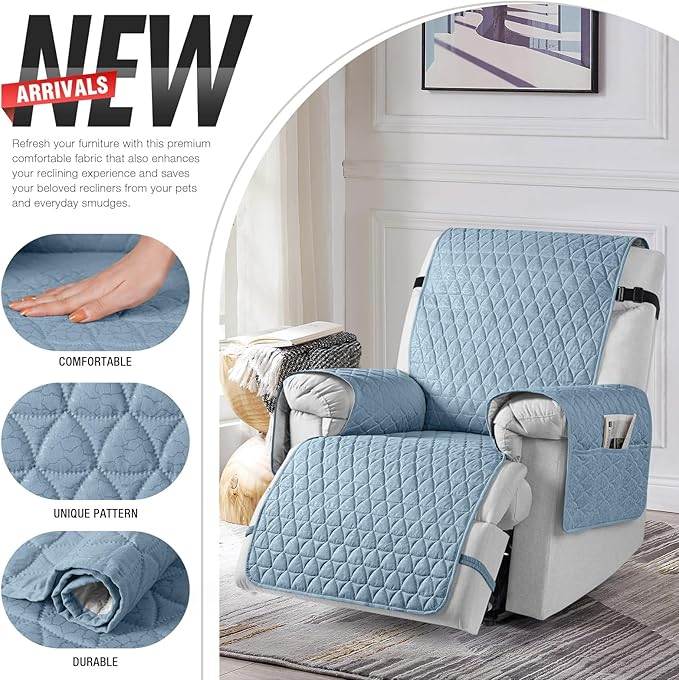TAOCOCO 100% Waterproof Recliner Cover - Recliner Cover with Non-Slip Granule, Recliner Chair Covers with Elastic Band, Recliner Chair Covers for Reclining Chair(Light Blue,Large-28'')