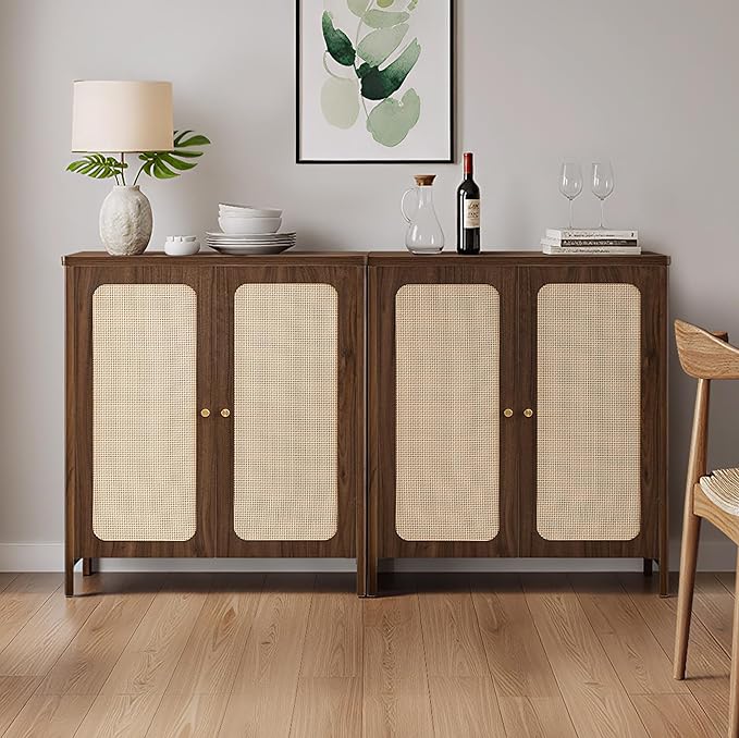 Rattan Sideboard Buffet Cabinet 2 Door Boho Kitchen Storage Cabinet Accent Console for Living Room, Hallway, Kitchen, Sideboard, Buffet Table Walnut