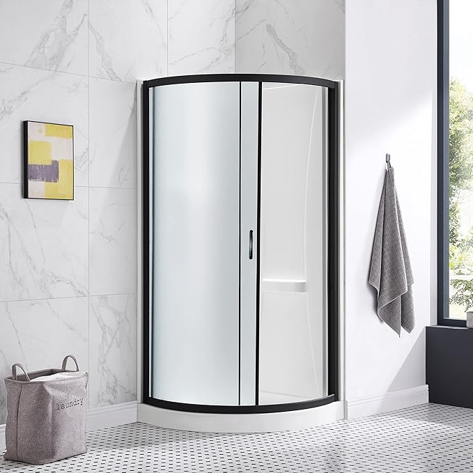 OVE Decors Breeze 34 in. Corner Shower Frosted Sliding Door with Base in Black