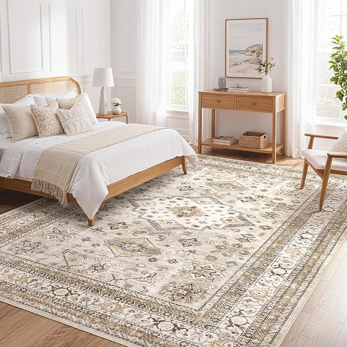 Vintage Living Room Area Rug 6x9 - Large Soft Washable Oriental Traditional Distressed Farmhouse Rugs for Bedroom - Indoor Floor Accent Carpet for Home Office House Decor - Beige