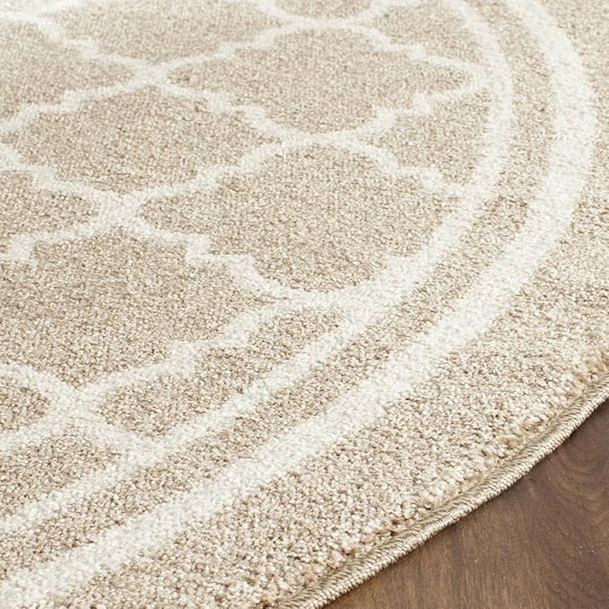 SAFAVIEH Amherst Collection Area Rug - 7' Round, Wheat & Beige, Moroccan Trellis Design, Non-Shedding & Easy Care, Ideal for High Traffic Areas in Living Room, Bedroom (AMT422S)
