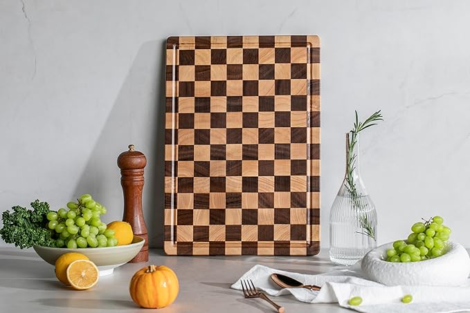 Cutting Boards for Kitchen, Design in USA Large Acacia Wood Chopping Board, Checkered Cutting Board with Juice Grooves & Handles, Butcher Block Serving Tray with Gift Box 16.5" x 11.6" x 0.8"