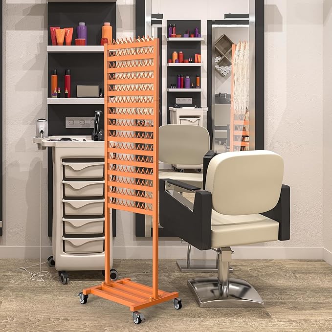 Braiding Hair Rack 300 Pegs Metal Hair Extension Holder 2-Sided Adjustable Hair Braid Tools Hair Separator Stand with Wheels Tangerine Yellow Standing Braid Rack for Hair Stylist