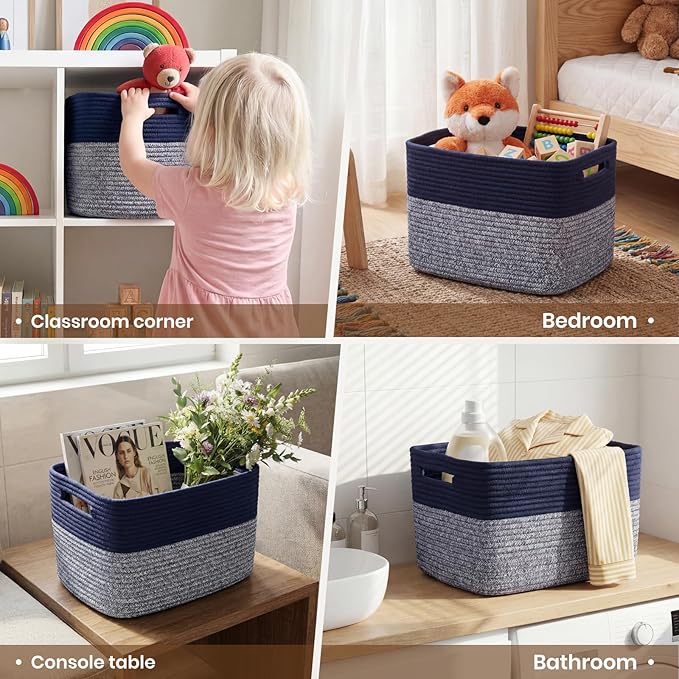 Storage Baskets for Organizing, 14 x 10 x 9” Closet Shelf Woven Baskets, Square Bins with Handles, Cotton Rope Basket for Toys, Clothes, Office, Room, Grey+Blue 1 Pack