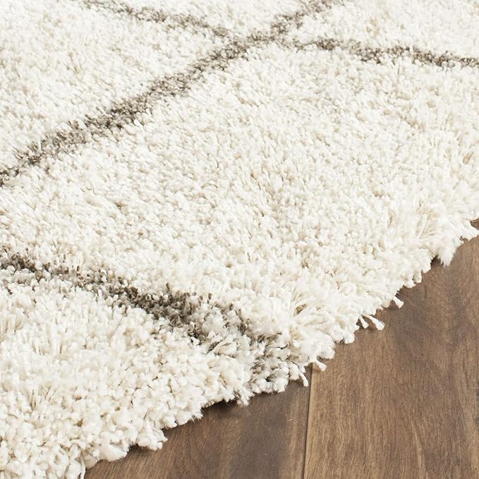 SAFAVIEH Hudson Shag Collection 8' Round Ivory/Grey SGH281A Modern Diamond Trellis Non-Shedding Living Room Bedroom Dining Room Entryway Plush 2-inch Thick Area Rug