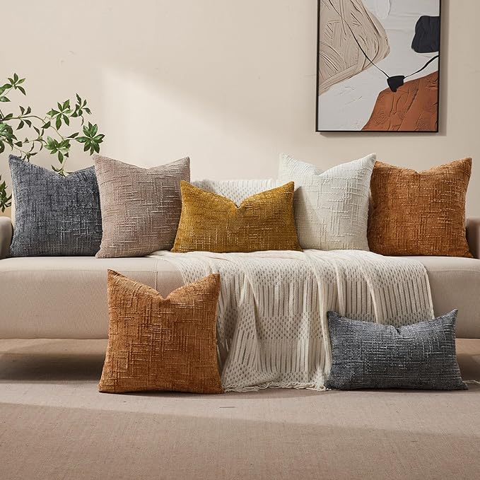 Fall Decorative Couch Throw Pillow Covers 24x24 Set of 2 Rust Soft Chenille Pillow Covers Neutral Textured Boho Cushion Covers for Modern Farmhouse Sofa Bedroom Living Room Decor SY008-B24
