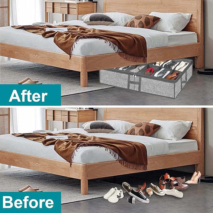 Under Bed Shoe Storage Organizer for Closet 2 Pack- Fits 24 Pairs Underbed Shoes Rack Container Boxes with H Shap Sturdy Handles and Clear Window,Foldable Shoe Rack Holder,Grey