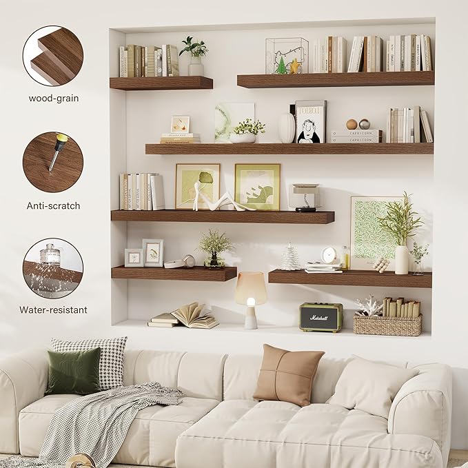 72 Inch Floating Shelves, 12" Deep Floating Shelf Wall Mounted, 72" Wall Shelves, Rustic Deep Bookshelf, Extra Deeper & Thicker Display Shelves for Bedroom, Living Room, Walnut, Set of 1