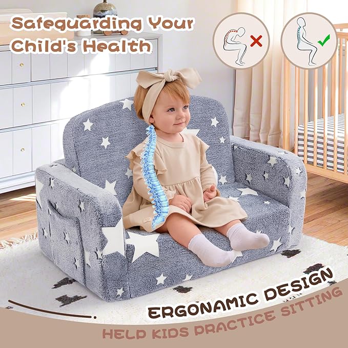 Extra Wide Kids Couch, 2-in-1 Soft Couch with Blanket, Glow in The Dark, Comfy Chair with Cloud Pillow, Convertible Sofa, Star