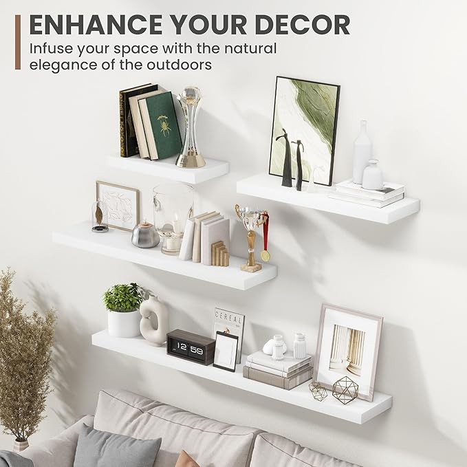 16 Inch Floating Shelves, 8 Inch Deep Floating Shelves for Wall, Hanging Shelf with Invisible Brackets, Deep Shelves for Bathroom, Bedroom, Living Room, White, Set of 2