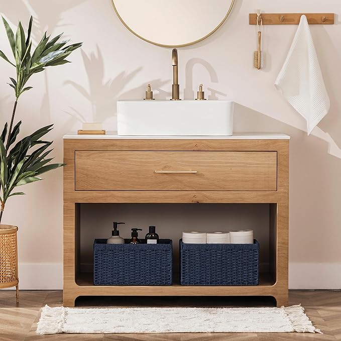 joybest Wicker Baskets, Woven Paper Rope Storage Baskets for Organizing, Rectangular Storage Bins for Shelves with Handles for Pantry, 13.4L x 8.3W x 7.1H inch, 2-pack Navy Blue