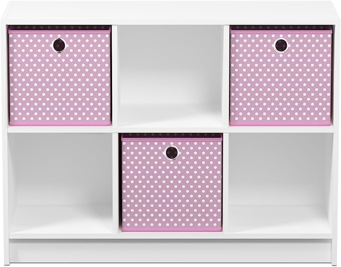 Furinno BASIC Book Shelf, 6-Cube Bookshelf with Open Shelf, 3 x 2 Bookcase with Storage Bins, Closed Back, Horizontal, 11.9" x 31.6" x 23.6", for Living Room, Bedroom, Home Office, White/Pink