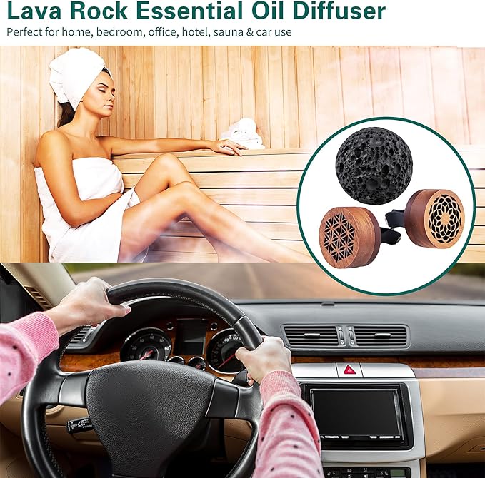 3 Pcs Lava Rock Essential Oil Diffusers -1 Spherical Lava Stone Passive Diffuser and 2 Wooden Car Diffusers for Essential Oils, Passive Diffuser for Sauna Room, Home, Office, Bedroom, Bathroom, Car