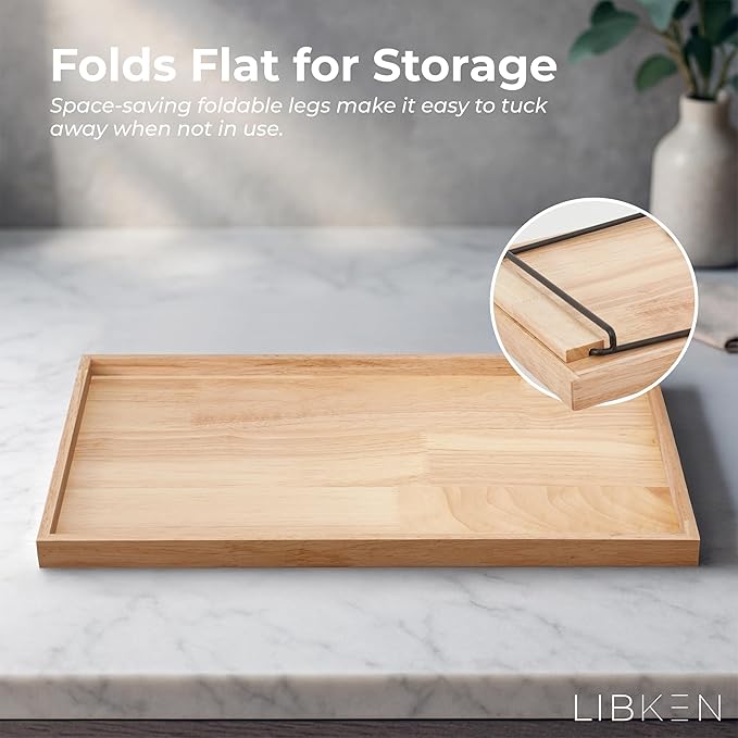 Rubberwood Serving Tray with Foldable Legs – Minimal Scandinavian Design Bed Tray Table – Elegant Wooden Breakfast in Bed Tray, Food Serving Tray for Eating, Snacks, Reading & Laptop Use