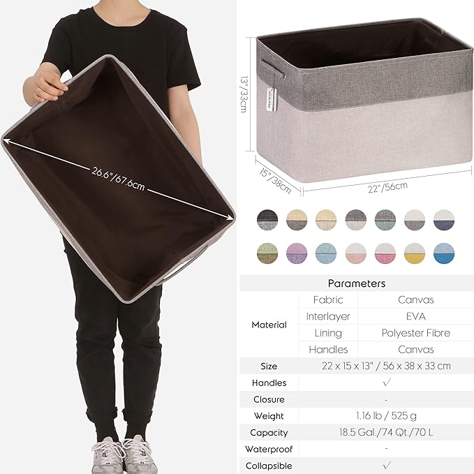 Sea Team 3-Pack Extra Large Storage Basket Set, Trunk Organizer, Clothes Toys Bin, 22 x 15 x 13 Inches, Rectangular Canvas Fabric Collapsible Shelf Box with Handles for Kids Room (Grey/White)