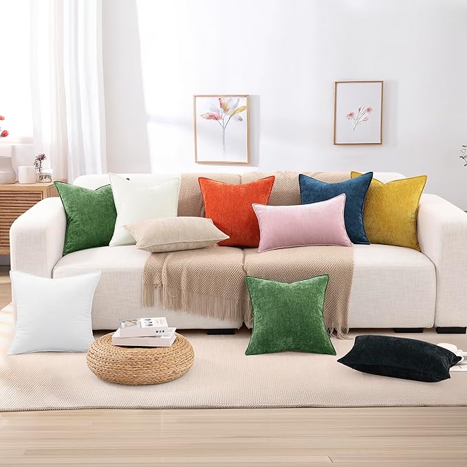 decorUhome Spring Couch Euro Sham Throw Pillow Covers 24x24 Set of 2, Decorative Soft Velvet Modern Cozy Chenille Pillow Cases with Elegant Design for Sofa Bed Living Room Home Decor, Cream White