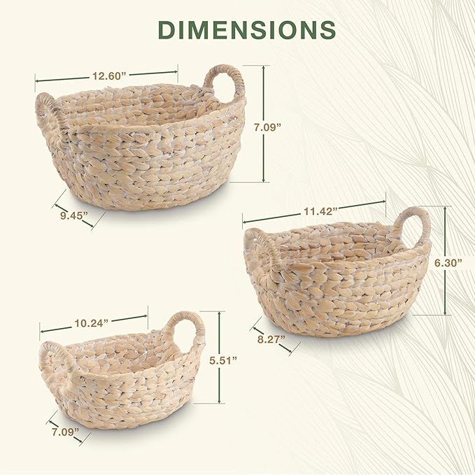 Set of 3 Wicker Storage Baskets for Organizing - Woven Decorative Baskets with Handles - Organizers for Bathroom, Kitchen, and Shelves (White)