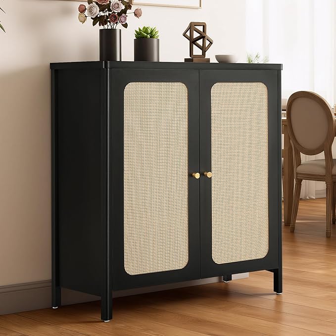 2 PCS Rattan Sideboard Buffet Cabinet 2 Door Boho Kitchen Storage Cabinet Accent Console for Living Room, Hallway, Kitchen, Sideboard, Buffet Table Black